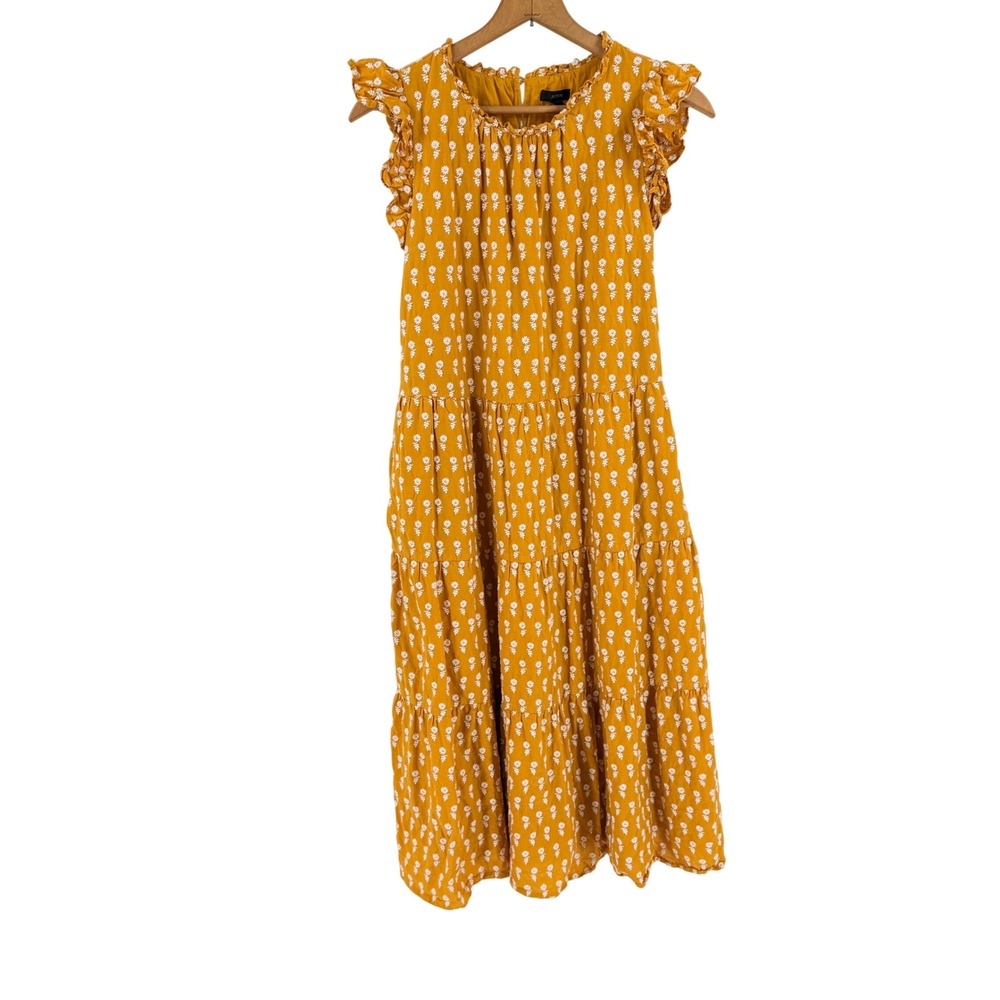 J.Crew Tiered Midi Dress Mustard XL Floral Embroidered Boho Cotton Fall Prairie